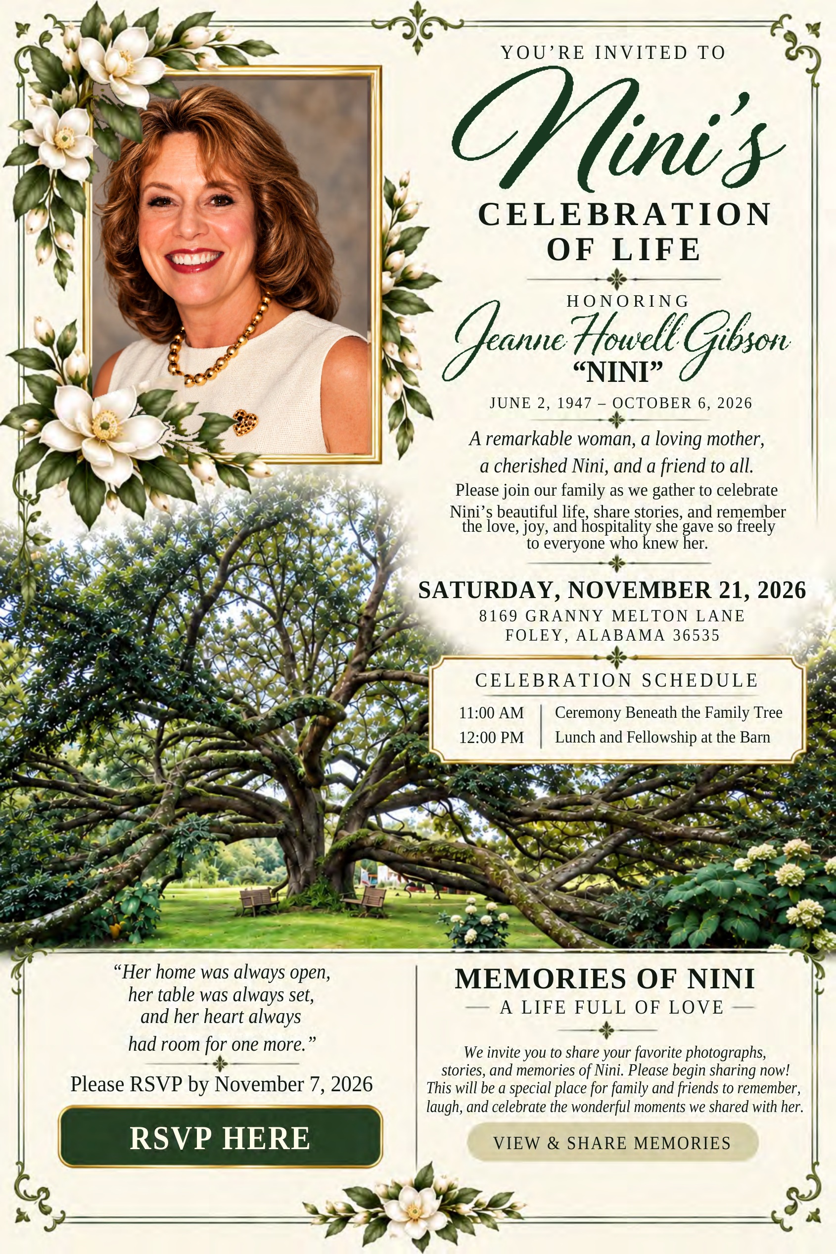 Nini’s Celebration of Life invitation, with Jeanne’s portrait, magnolias, and the family tree. Event details and links follow below.